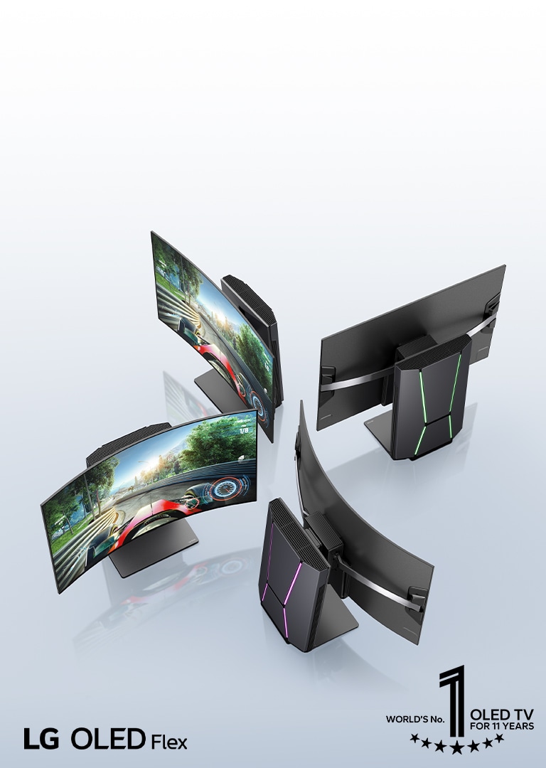 Quatro TVs OLED Flex da LG lado a lado em um angulo de 45 graus. Cada um tem um nível diferente de curvatura. Duas TVs s?o vistas de frente com um jogo de corrida na tela e duas s?o vistas de trás exibindo o Fusion Lighting.