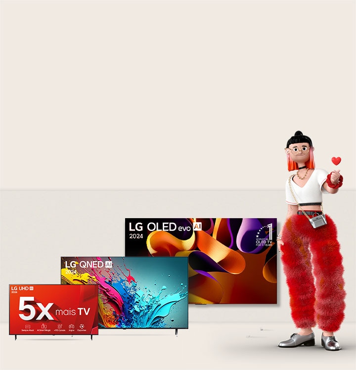 Uma figura feminina animada fazendo um cora??o com as m?os está ao lado de três TVs OLED/QNED: o primeiro é uma LG OLED TV, o segundo é uma LG QNED TV em um suporte, e o terceiro é uma LG OLED TV M4 da LG com um suporte de dois pés. à esquerda est?o as palavras "Como escolher a melhor TV?" e um bot?o vermelho com as palavras "Saiba mais".