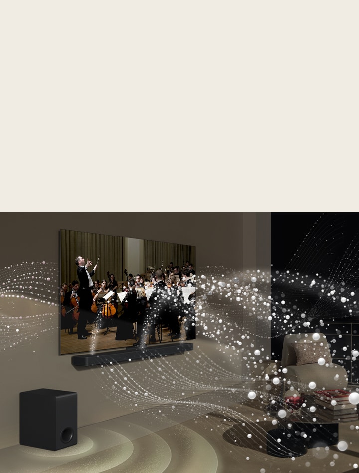 LG TV, LG Soundbar e um subwoofer est?o em uma sala de estar reproduzindo uma apresenta??o musical. Gotas brancas criam ondas de som que disparam para cima e para frente a partir da barra de som e s?o projetadas na TV. Um subwoofer está criando um efeito sonoro na parte inferior.	