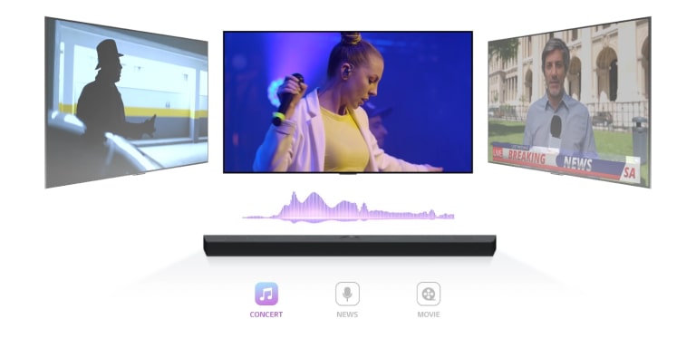 LG Soundbar mostra três telas de TV diferentes. O que está diretamente acima toca primeiro um concerto musical com uma mulher cantando. A tela da TV que exibe uma transmiss?o de notícias move-se para o meio e come?a a ser reproduzida. Em seguida, a tela da TV mostrando uma cena de a??o com uma mulher subindo as escadas correndo passa para o meio e come?a a reproduzir. Entre a TV e a barra de som, há uma onda sonora que muda de cor sempre que a tela da TV muda entre si, correlacionando-se ao gênero.