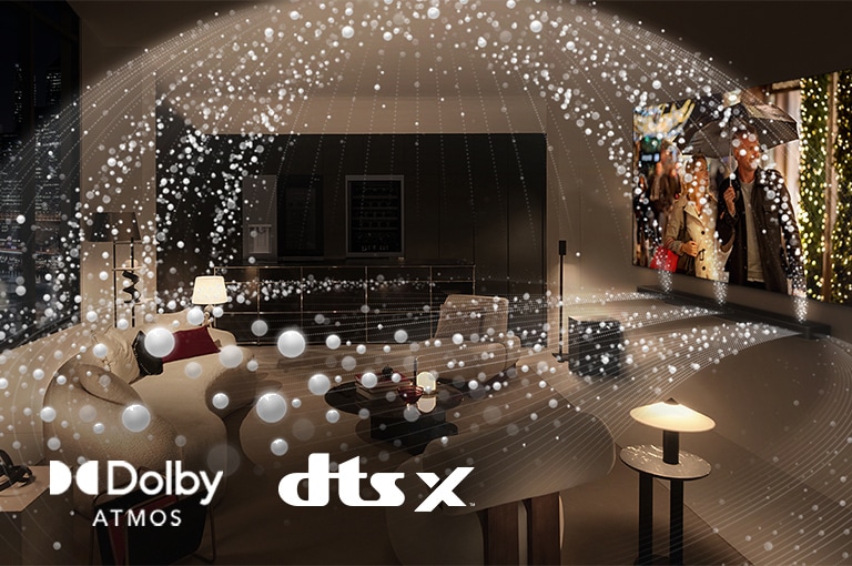 Um filme é reproduzido numa LG OLED TV e LG Soundbar num moderno apartamento urbano numa vista lateral. Contas brancas representando ondas sonoras projetam-se para cima e para baixo a partir do Soundbar e da TV, criando uma cúpula de som no espa?o. Logotipo Dolby Atmos Logotipo DTS X