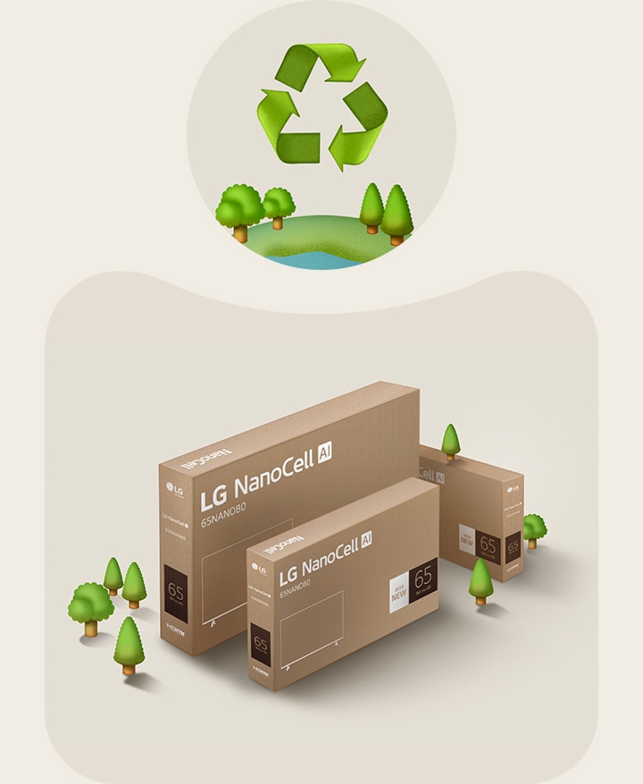 Embalagem da LG NanoCell em um fundo bege com ilustra??es de árvores.