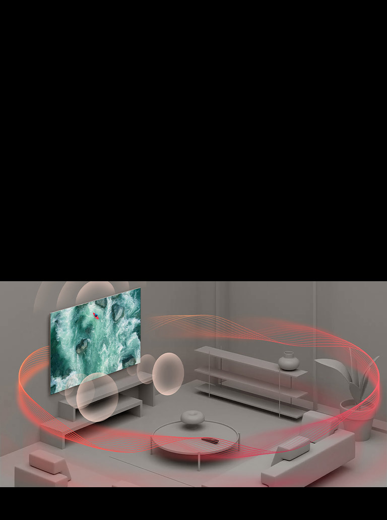 Um vídeo come?a mostrando uma foto aérea do controle remoto. Um círculo azul aparece sobre o sensor. A cena se desenrola para mostrar o controle remoto em uma mesa de centro em uma sala cinza. Ondas sonoras azuis s?o emitidas pela TV e uma imagem preenche a tela mostrando uma pessoa andando de caiaque sobre ondas agitadas. As ondas sonoras azuis alcan?am o controle remoto e as ondas que representam o som saltam da parede e, em seguida, um manto de som cobre a sala. 