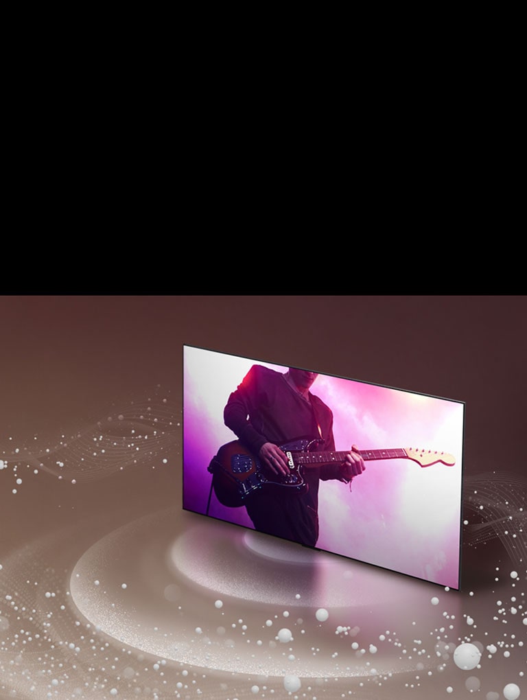 Uma imagem de bolhas e ondas sonoras saindo da tela de uma TV OLED LG e preenchendo o espa?o.