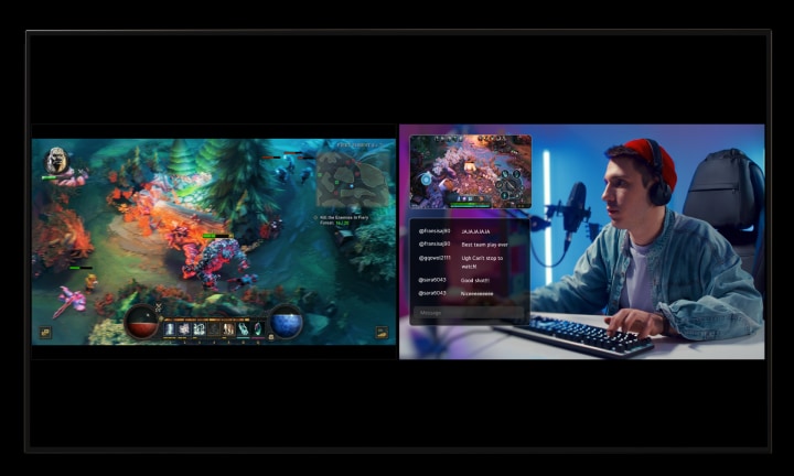 Uma tela de TV LG é dividida em duas metades. à esquerda, uma jogabilidade colorida é mostrada. à direita, um streamer de jogo, uma caixa de bate-papo e uma jogabilidade s?o mostrados. Um cursor clica no painel de visualiza??o múltipla e clica no ícone 'TV ao vivo'; uma tela de TV à direita muda para TV com transmiss?o ao vivo.