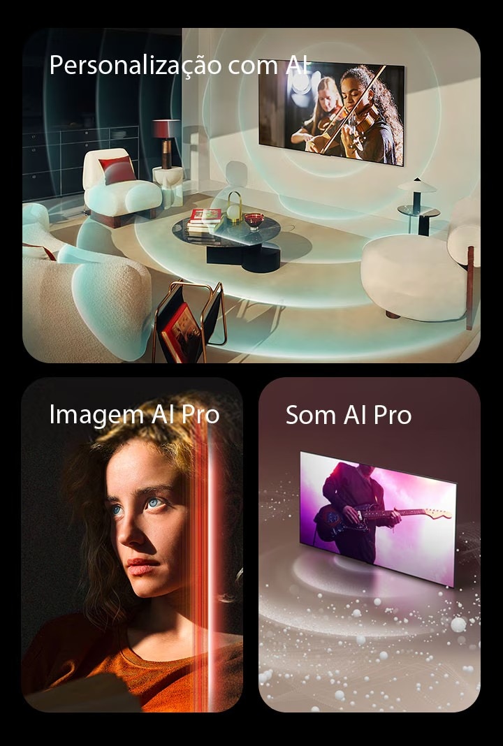 Uma imagem da LG OLED em uma sala de estar moderna exibindo um espetáculo musical na tela. Ondas circulares azuis que representam a personaliza??o envolvem a TV e o espa?o ao redor.  Uma imagem de uma mulher de olhos azuis penetrantes vestindo uma blusa laranja escuro, em um espa?o pouco iluminado. Linhas vermelhas representando aprimoramentos de IA cobrem parte de seu rosto, que é brilhante e detalhado, enquanto o restante da imagem é opaco.  Uma imagem de bolhas e ondas sonoras saindo da tela de uma TV OLED LG e preenchendo o espa?o.