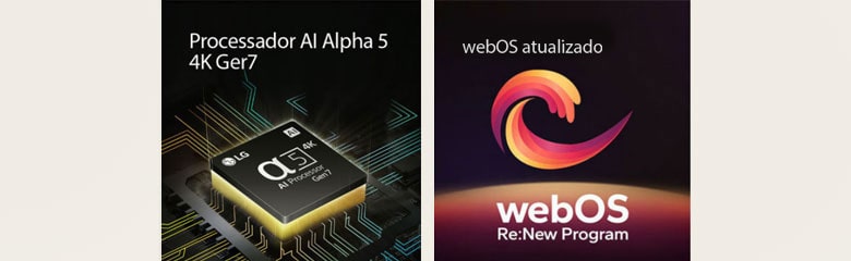 Duas imagens quadradas s?o exibidas em uma fileira horizontal. Na primeira imagem à esquerda, o chip do Processador alpha 5 AI 4K Gen 7 é mostrado com uma luz amarela emanando de baixo. Na segunda imagem à direita, as TVs LG QNED89, QNED90 e QNED99 s?o mostradas em ordem da esquerda para a direita. Cada TV mostra respingos de cores e as palavras "TV Ultra Grande" s?o exibidas acima das TVs.