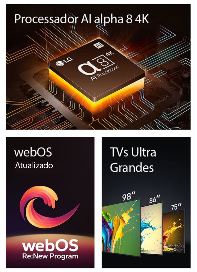 Duas imagens quadradas s?o exibidas em uma fileira horizontal. Na primeira imagem à esquerda, o chip do Processador alpha 8 AI 4K é mostrado com uma luz alaranjada emanando de baixo. Na segunda imagem à direita, as TVs QNED89, QNED90 e QNED99 da LG s?o mostradas em ordem da esquerda para a direita. Cada TV mostra um respingo de cores e as palavras "TV Ultra Grande" s?o exibidas acima das TVs.
