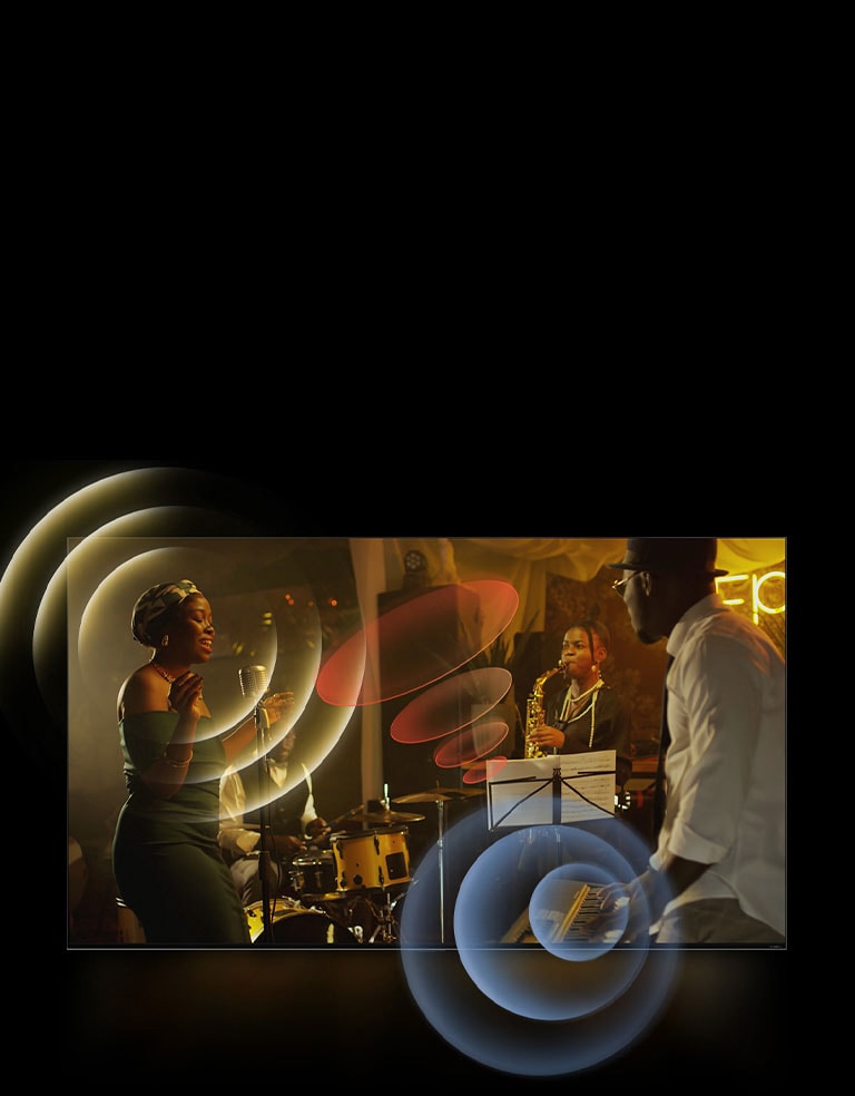 Uma imagem de uma TV da LG mostrando músicos se apresentando, com gráficos de círculos brilhantes ao redor do espa?o.