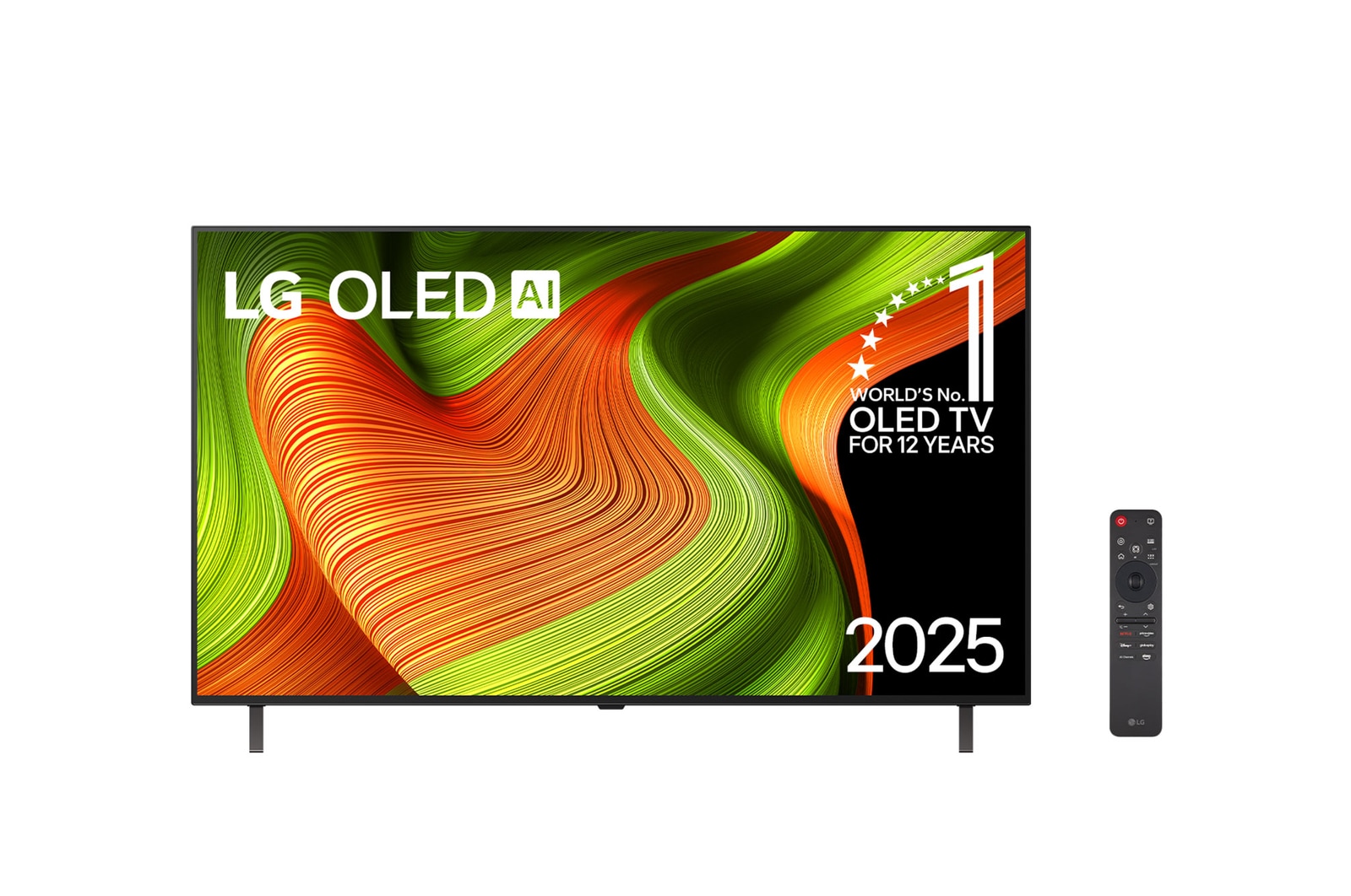 Vista frontal da Smart TV 4K LG OLED AI B5. O emblema “12 anos como a OLED número 1 do mundo” e o logotipo da LG OLED AI 2025 est?o na tela.