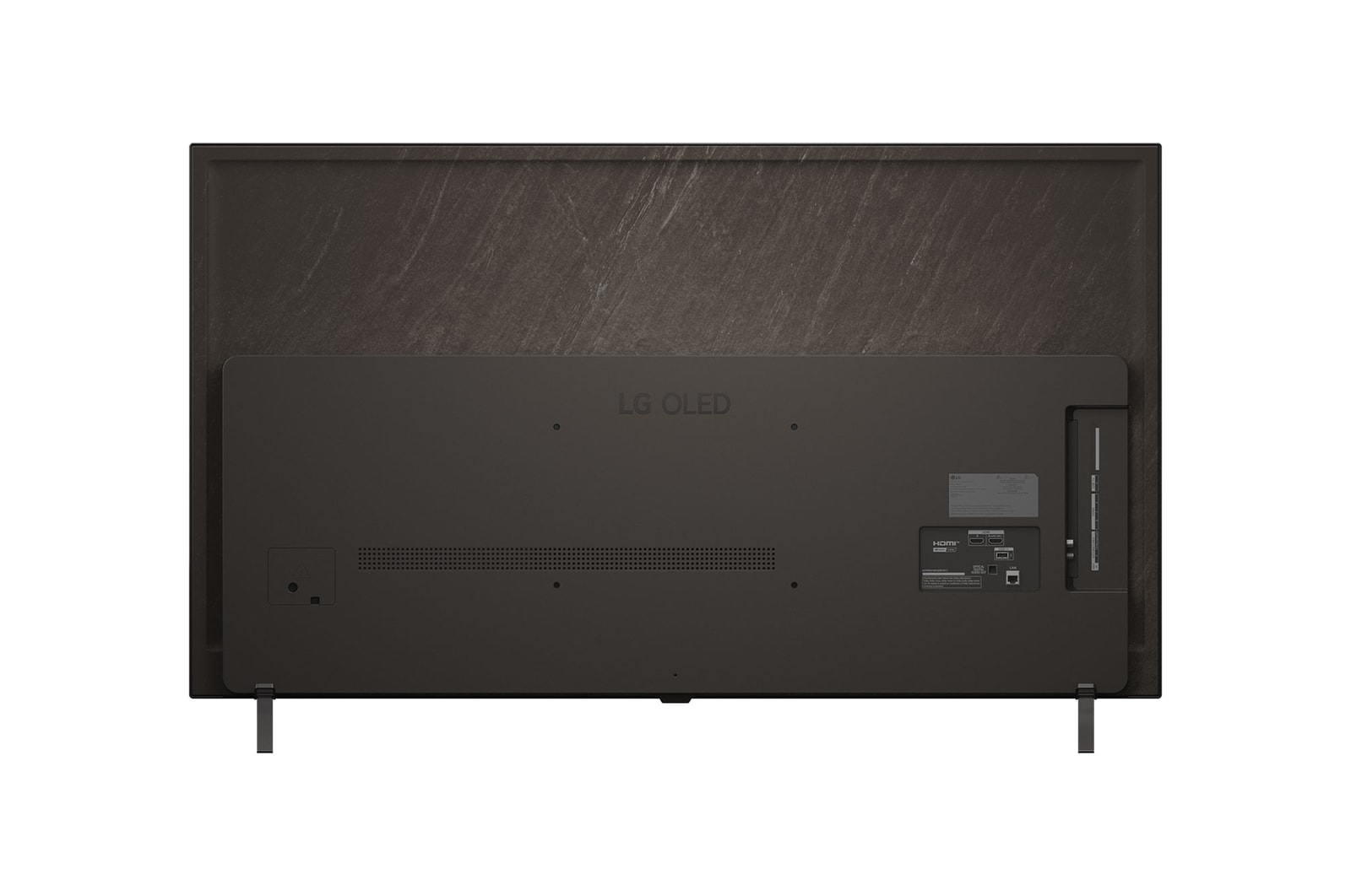 Vista frontal e lateral da Smart TV 4K LG OLED AI B5, mostrando suas dimens?es de comprimento, largura, altura e profundidade.