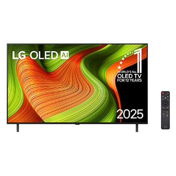 Vista frontal da Smart TV 4K LG OLED AI B5. O emblema “12 anos como a OLED número 1 do mundo” e o logotipo da LG OLED AI 2025 est?o na tela.