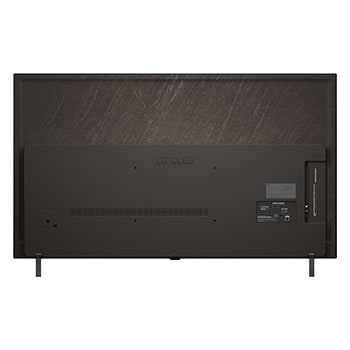 Vista frontal e lateral da Smart TV 4K LG OLED AI B5, mostrando suas dimens?es de comprimento, largura, altura e profundidade.