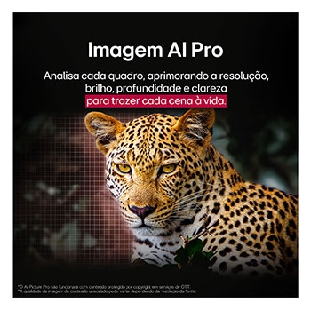 LG AI Magic Remote com o bot?o AI em destaque. Ao redor dele est?o as diferentes funcionalidades que um usuário pode acessar a partir do bot?o. AI Voice ID, AI Search, AI Chatbot, AI Concierge, AI Picture Wizard e AI Sound Wizard. O texto explica que o LG AI Magic Remote completa sua experiência de IA com um bot?o AI dedicado e pode ser usado como um air mouse. Basta apontar e clicar.