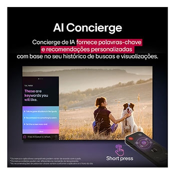Conteúdo de fic??o científica sendo reproduzido na tela de uma LG TV. Na tela aparece a interface do AI Chatbot. O usuário enviou uma mensagem ao chatbot dizendo que a tela está muito escura. O chatbot ofereceu solu??es para a solicita??o. A cena inteira está dividida em duas partes. Um lado é mais escuro, o outro lado é mais claro, mostrando como o AI Chatbot resolveu o problema para o usuário automaticamente. O texto explica que o Al Chatbot pode entender a inten??o do usuário e fornecer solu??es para resolver problemas.