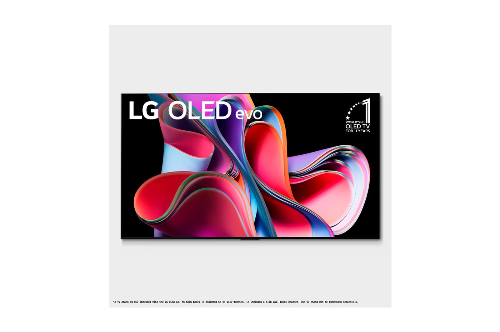 Vista frontal da LG OLED evo, com o emblema 11 Anos TV OLED No 1 no Mundo e o logotipo de 5 anos de garantia na tela