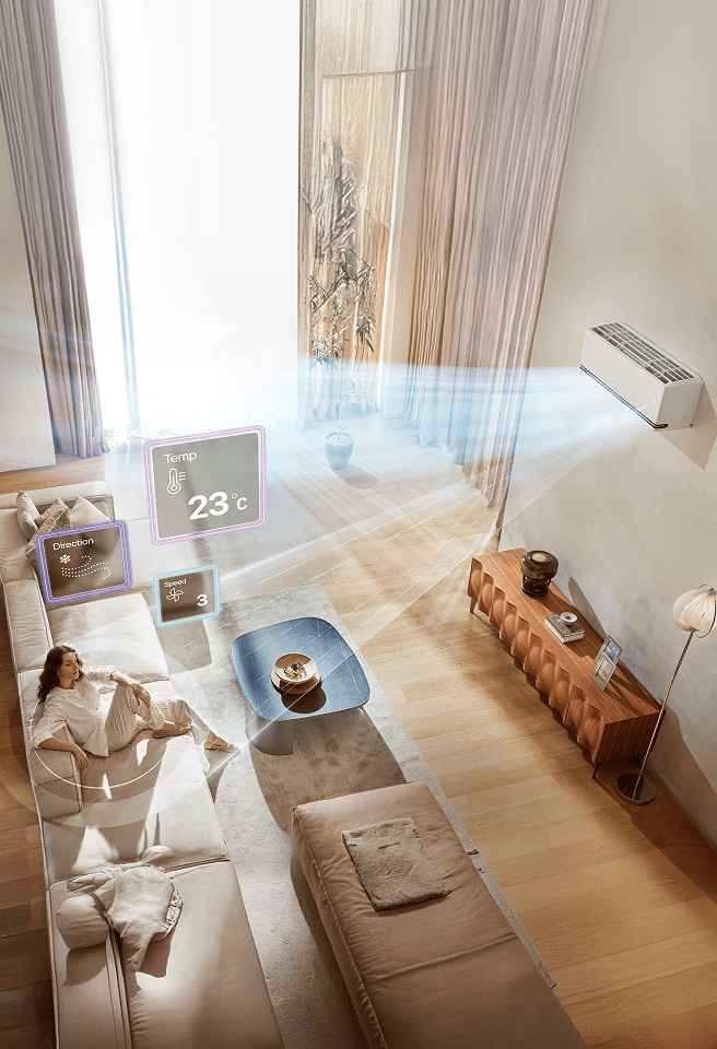 O ar-condicionado LG DUAL Inverter resfria uma sala de estar moderna, onde uma mulher está sentada no sofá, com tecnologia ThinQ AI.