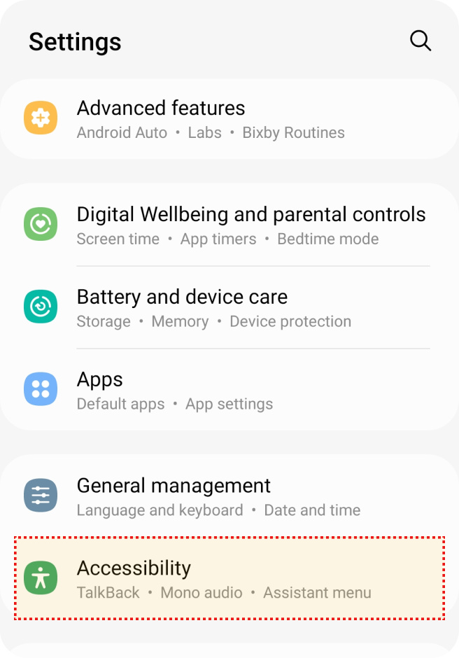 Menu de Configura??es com a op??o Acessibilidade destacada em amarelo na parte inferior.