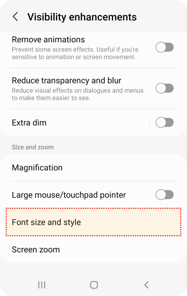 Tela de melhorias de visibilidade com op??es de remover anima??es, reduzir transparência, ampliar texto e mais.