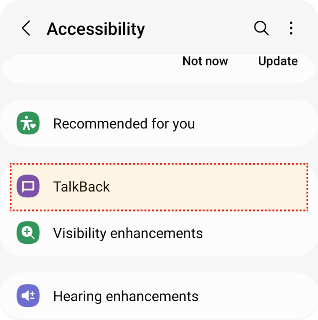 Tela de acessibilidade com op??es: Recomendado para você, TalkBack (selecionado), Melhorias de visibilidade e auditivas.