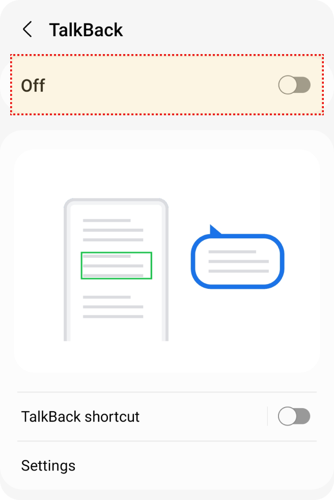 Tela de configura??o do TalkBack com a op??o de ligar