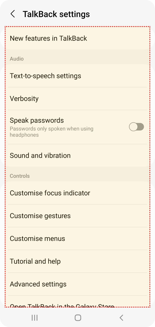 Configura??es do TalkBack com op??es de áudio, controles de foco, gestos e configura??es avan?adas na tela do smartphone.