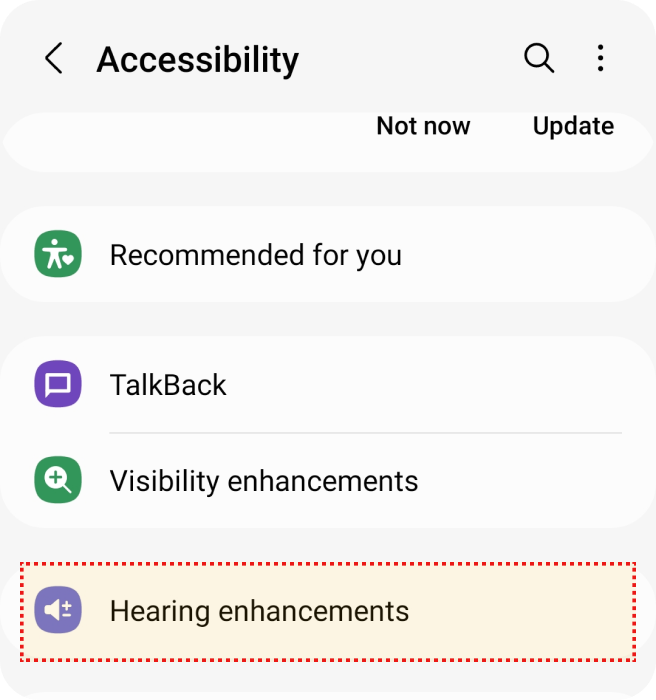 Tela de acessibilidade mostrando op??es: Recomendado para você, TalkBack, Melhorias de visibilidade, Melhorias auditivas.