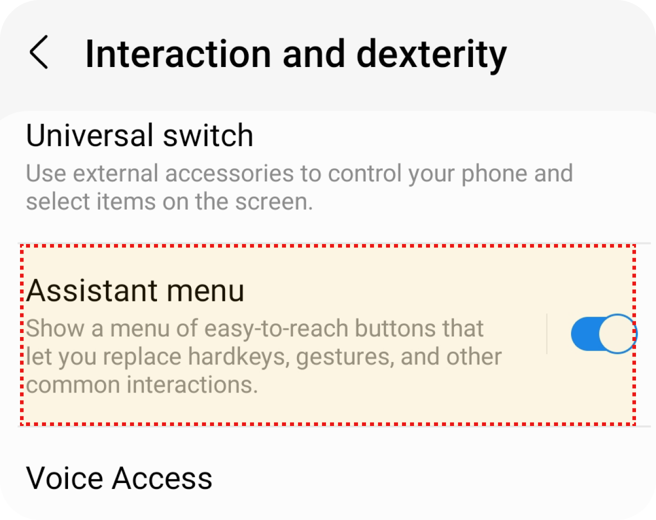 Menu assistente ativado na se??o de intera??o e destreza com alternancia azul à direita.