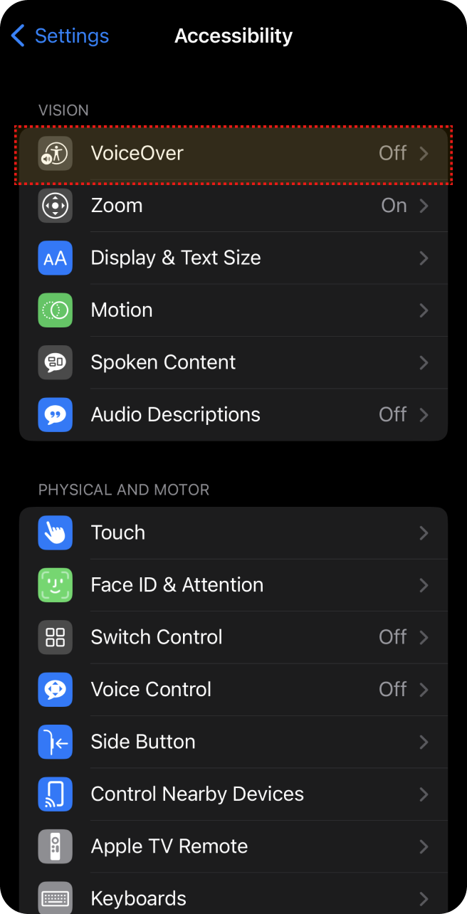 Tela de acessibilidade do iPhone com VoiceOver desligado e outras op??es de vis?o e motor.