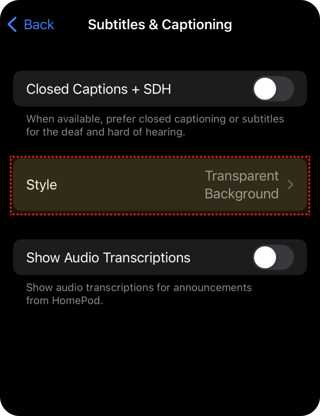 Configura??es de legendas no menu de acessibilidade com op??es de estilo de fundo transparente e transcri??es de áudio.