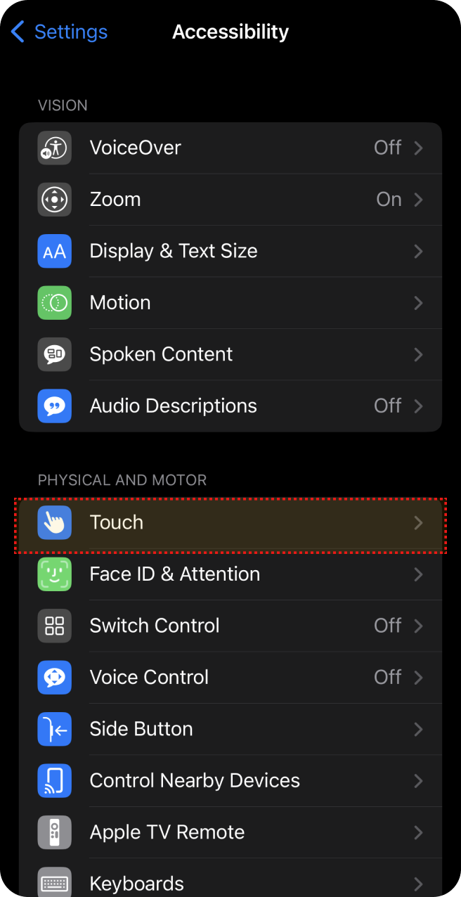 Configura??es de acessibilidade do iPhone com a op??o 'Toque' destacada na se??o 'Físico e Motor'.