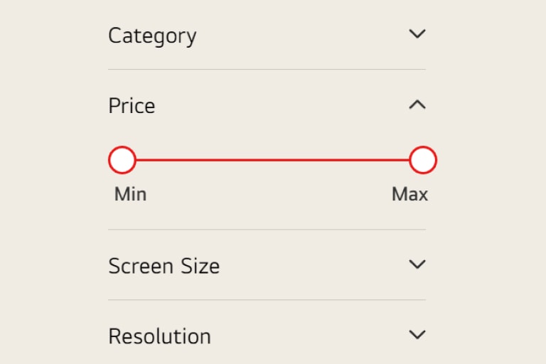 Controle deslizante de pre?o entre Min e Max, localizado na se??o de filtros de uma página de categoria da LG.