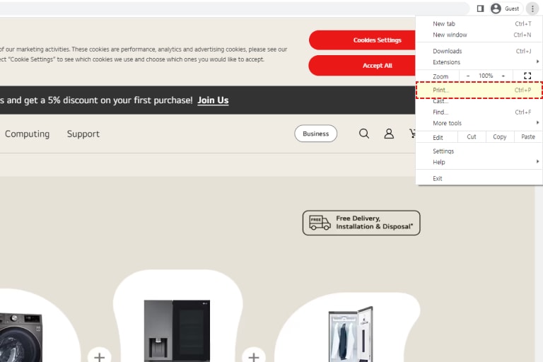 Página inicial do site LG.com, menu no topo, banner de 5% de desconto, produtos eletr?nicos e eletrodomésticos em destaque.