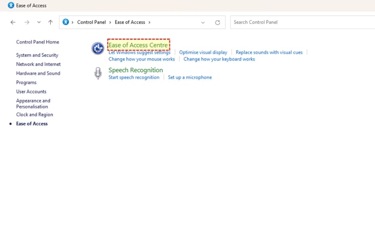 Página do Painel de Controle do Windows com op??es de reconhecimento de voz e configura??es de acessibilidade.