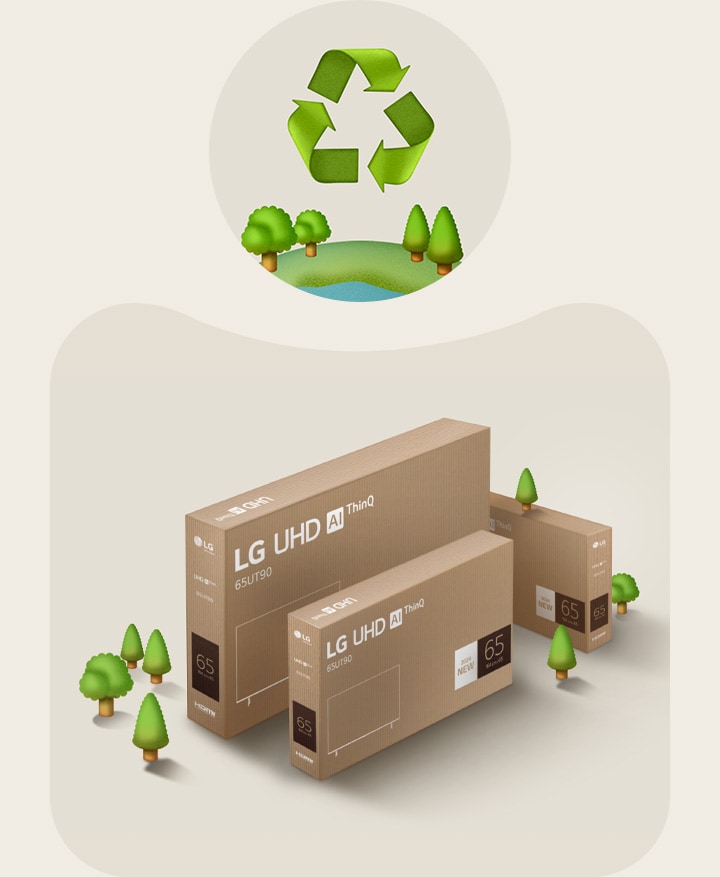 Embalagem da LG UHD em um fundo bege com ilustra??es de árvores.
