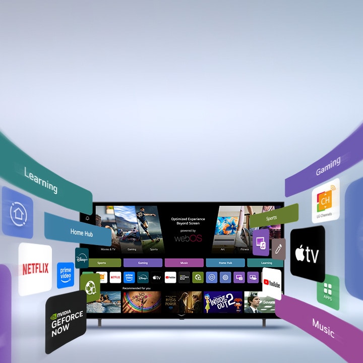 'LG Smart TV displaying webOS home screen with entertainment apps and LG Channels UI elements dynamically expanding outward, highlighting 4,000+ global apps and channels.