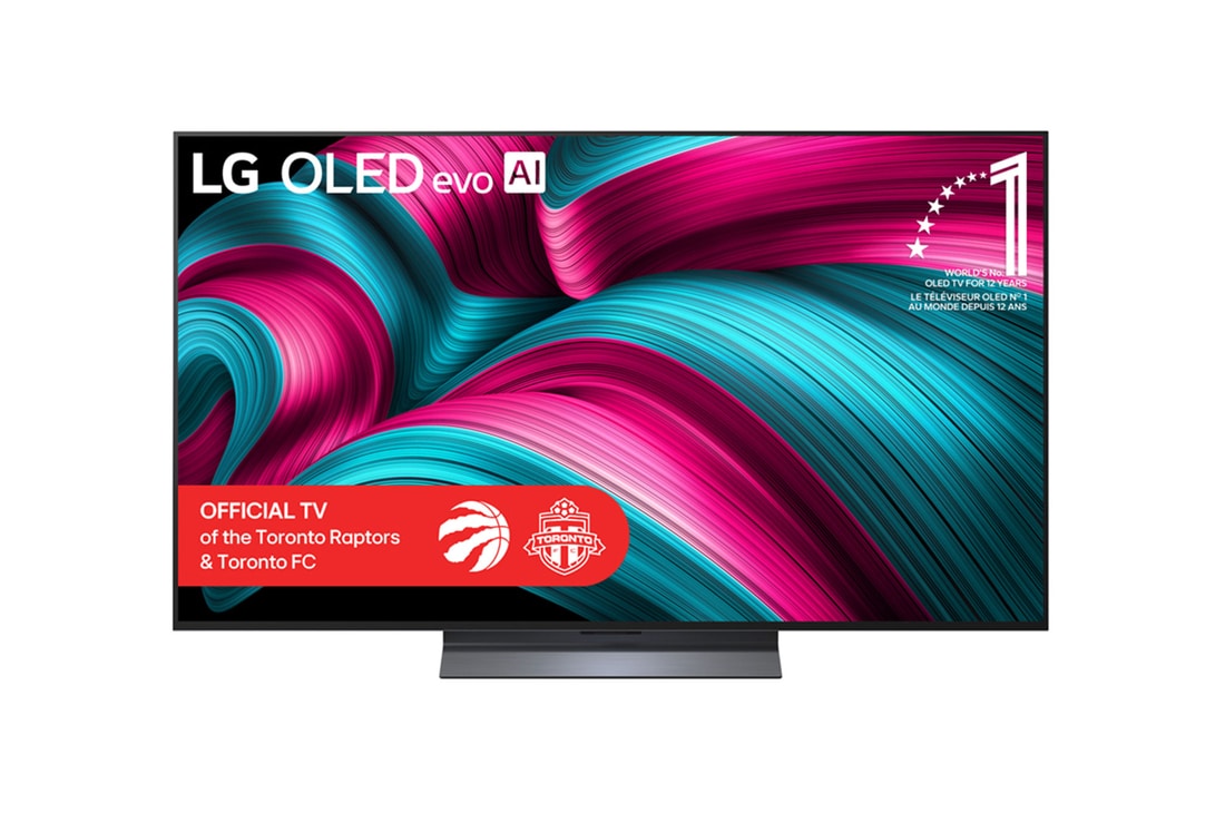 Front view of LG OLED evo AI C5 4K Smart TV. 12 Years of world number 1 OLED emblem and LG OLED evo AI 2025 logo are on the screen.