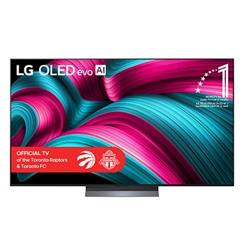 Front view of LG OLED evo AI C5 4K Smart TV. 12 Years of world number 1 OLED emblem and LG OLED evo AI 2025 logo are on the screen.