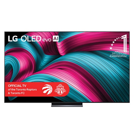 Front view of LG OLED evo AI C5 4K Smart TV. 12 Years of world number 1 OLED emblem and LG OLED evo AI 2025 logo are on the screen.