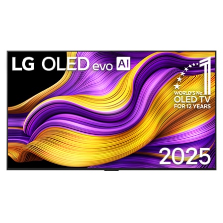 Front view of LG OLED evo AI G5 4K Smart TV. 12 Years of world number 1 OLED emblem and LG OLED evo AI 2025 logo are on the screen.