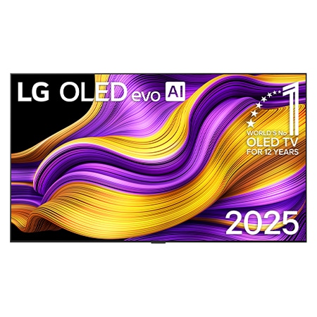 Front view of LG OLED evo AI G5 4K Smart TV. 12 Years of world number 1 OLED emblem and LG OLED evo AI 2025 logo are on the screen.