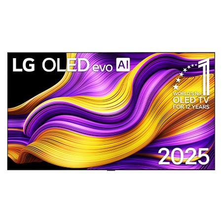 Front view of LG OLED evo AI G5 4K Smart TV. 12 Years of world number 1 OLED emblem and LG OLED evo AI 2025 logo are on the screen.