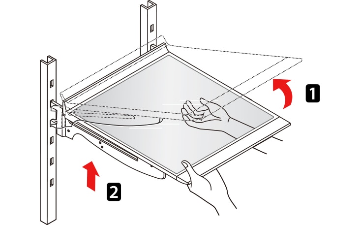 Diagram showing hands adjusting a wall-mounted TV bracket by tilting the screen upwards and sliding it sideways.