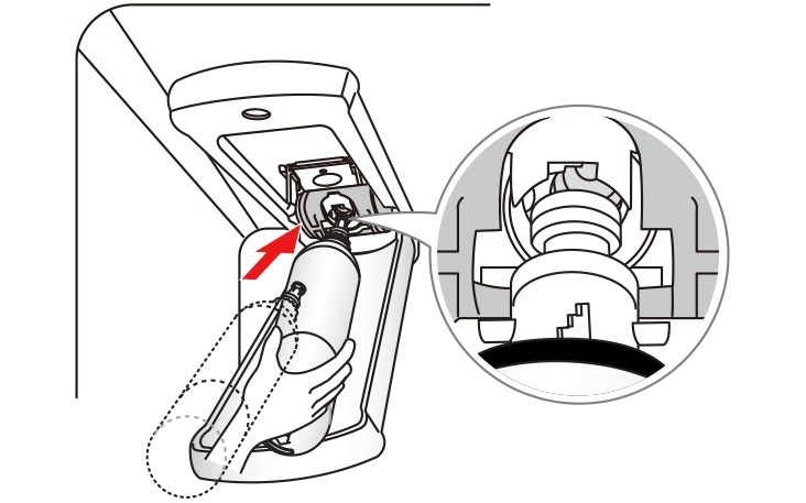 User inserting a water filter into the designated slot in an LG refrigerator, with a close-up of the filter mechanism.