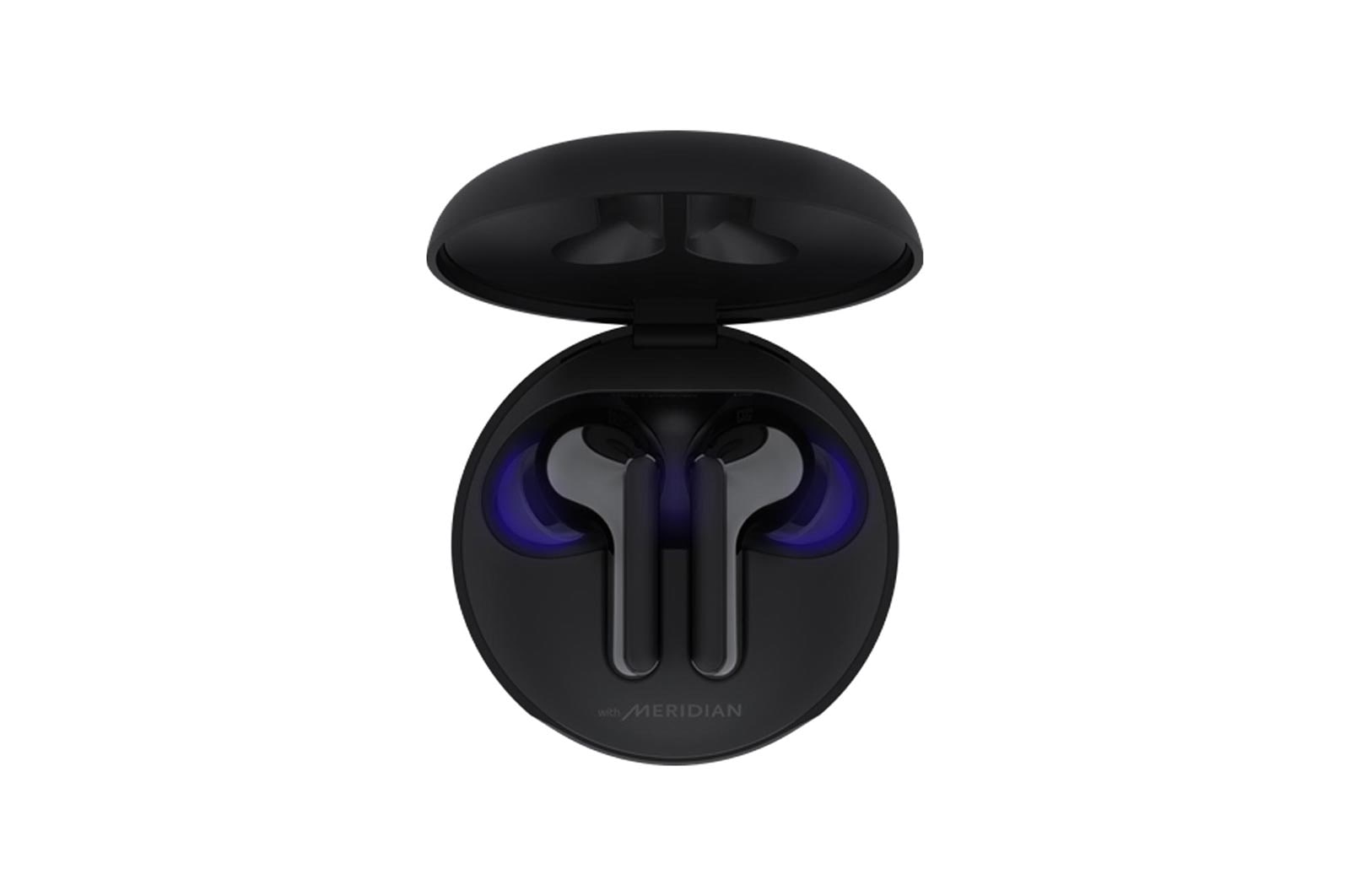 HBS-FN6-A top view of a cradle opened up and two earbuds inside it with UV lighting on