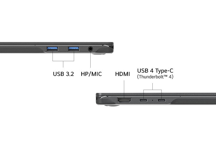 A side view of a laptop showcasing its ports, including USB 3.2, headphone/microphone combo jack (HP/MIC), HDMI, and USB 4 Type-C (Thunderbolt? 4). The clean layout highlights versatile connectivity options.