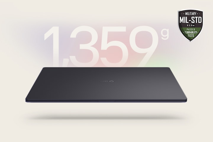 An animation showcasing a lightweight laptop with '1,479g' displayed in the first frame and '14.5mm' thickness in the second frame. Both frames include the MIL-STD durability badge, emphasizing portability and durability.