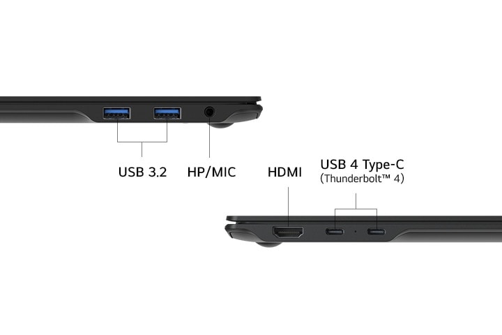 A side view of a laptop showcasing its ports, including USB 3.2, headphone/microphone combo jack (HP/MIC), HDMI, and USB 4 Type-C (Thunderbolt? 4). The clean layout highlights versatile connectivity options.