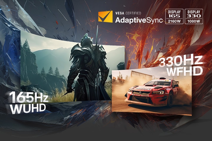 Knight and race car showcasing 165Hz WQHD and 330Hz WFHD.