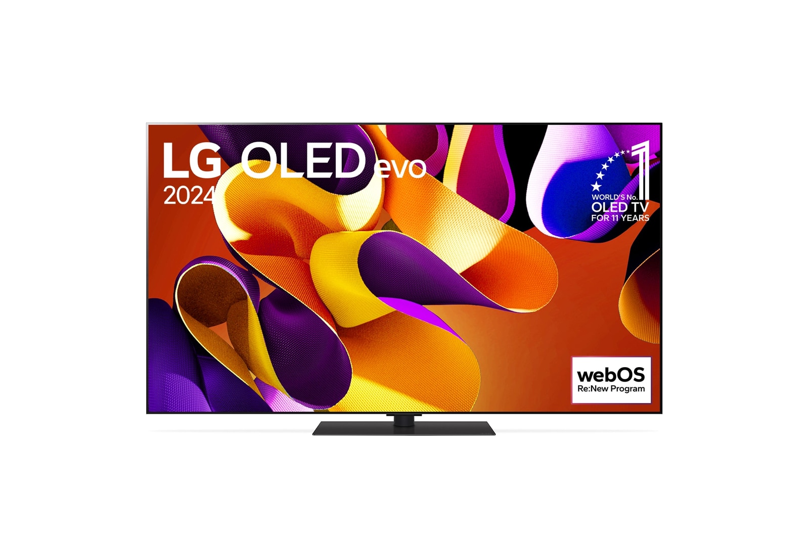 Front view with LG OLED evo TV, OLED G4, 11 Years of world number 1 OLED Emblem, and 5-Year Panel Warranty logo on screen